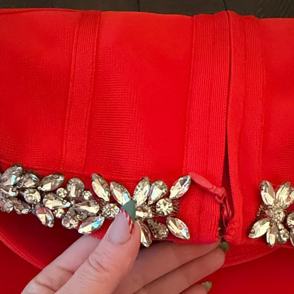 One-Shoulder Red Rhinestone Accent Dress - Picture 9 of 13